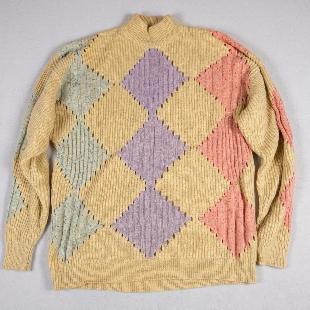 VTG Gianni Versace 80s Pastel Argyle Knit Sweater Mock Neck Oversized Italy M/L